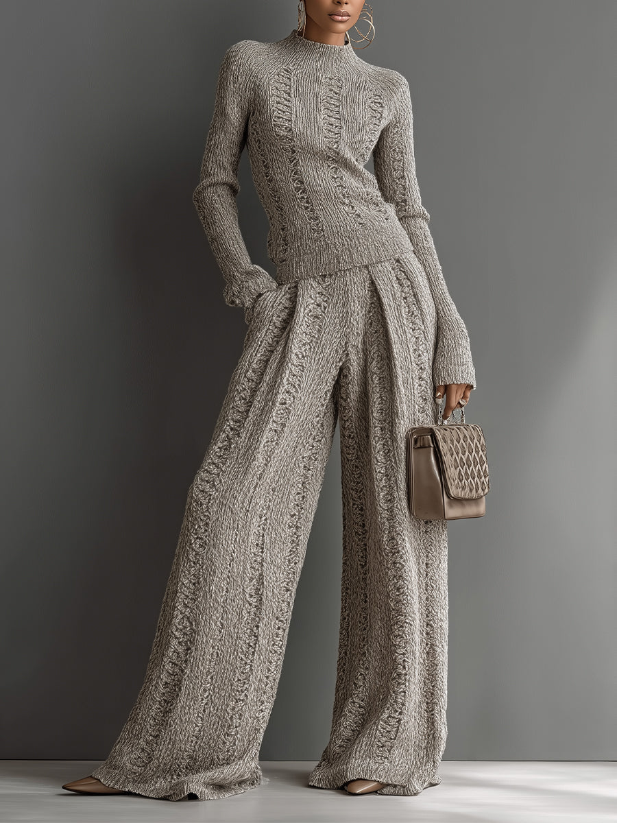 Women's Taupe Elegant Knit Textured Sweater & Wide - Leg Pants Set MDA1453H6I