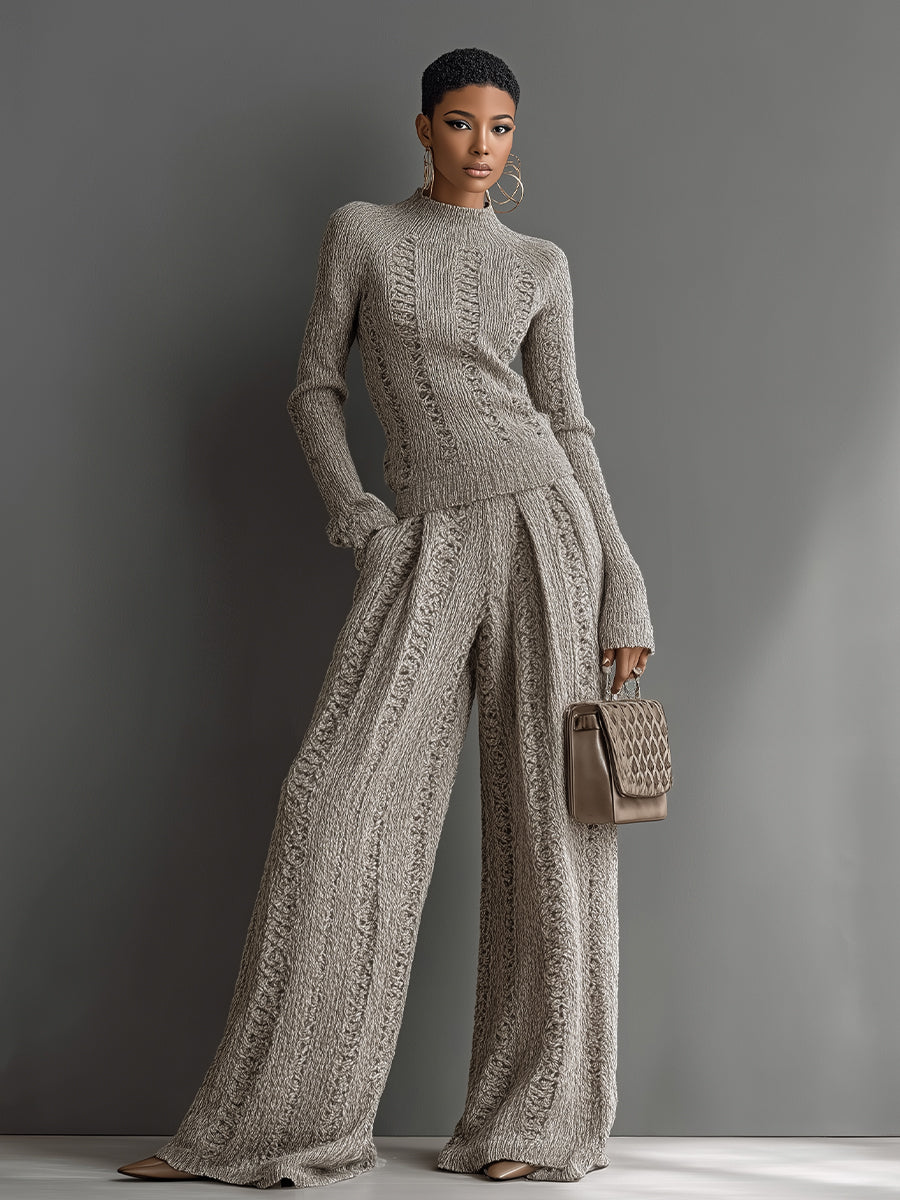 Women's Taupe Elegant Knit Textured Sweater & Wide - Leg Pants Set MDA1453H6I