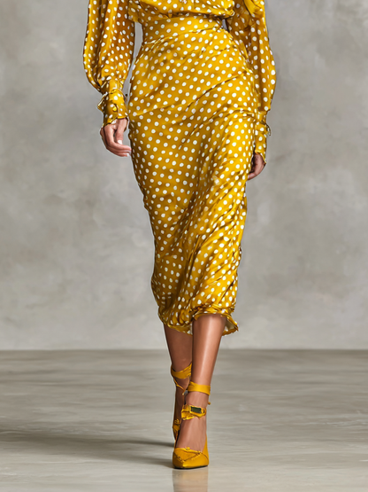 Women's Vintage Satin Polka Dot Print Shirt And Skirt Two-Piece Set (Not including scarf) MDA3073G0Y
