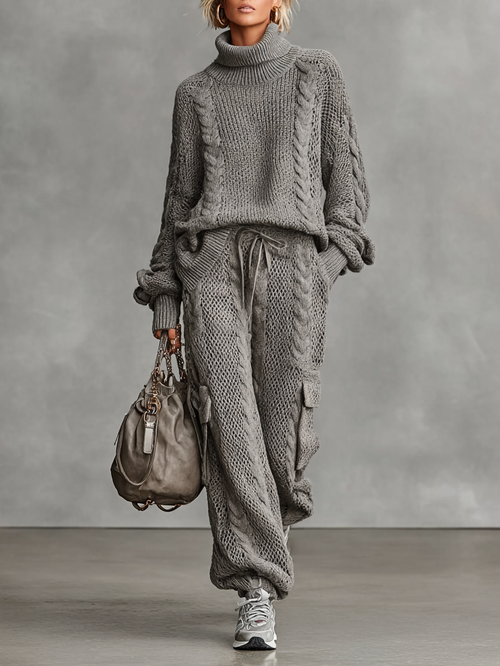 Women's Casual Cable Knit Turtleneck Sweater Cargo Pants Set MDA0958I2Y