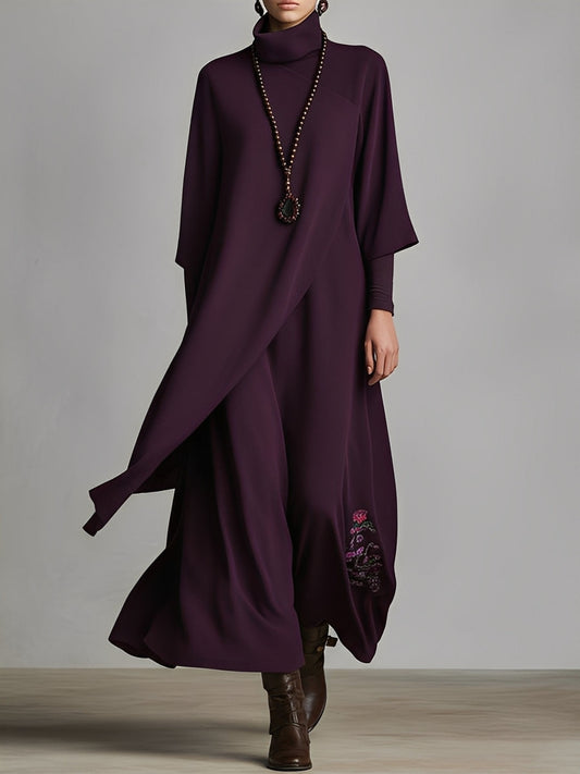 Women's Plum Draped Cotton-Blend Jersey Elegant Turtleneck Embroidered Maxi Dress MDA1202K8I