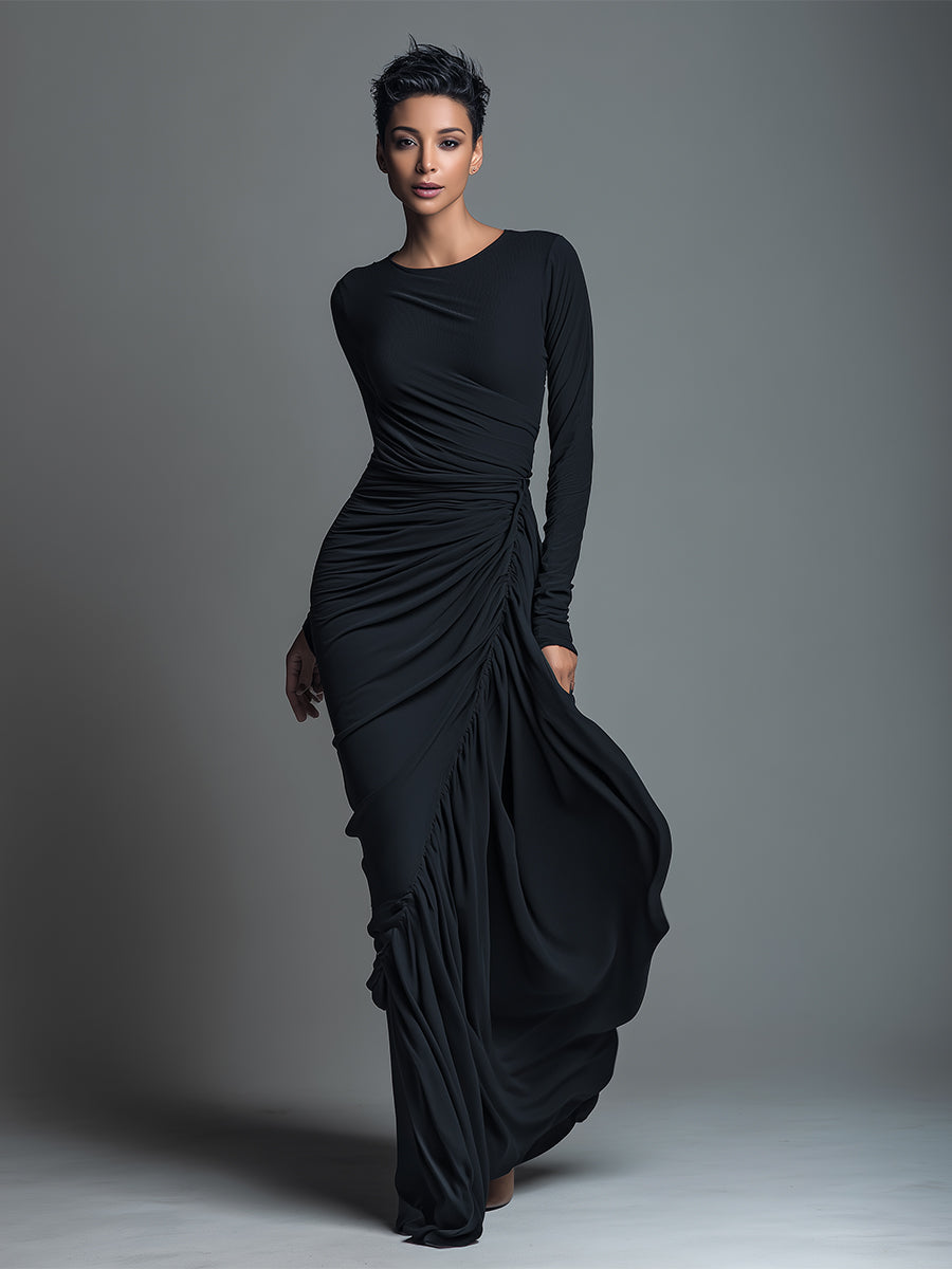 Women's Black Elegant Jersey Knit Ruched Maxi Dress MDA1541H1I