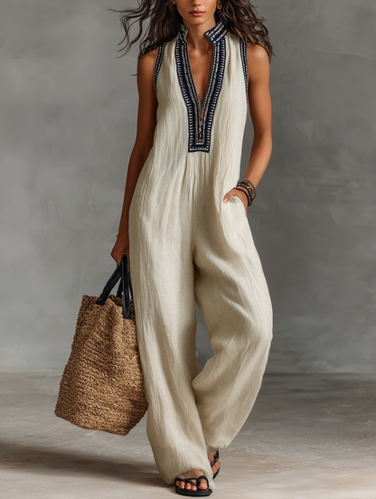 Women's Minimalist Linen Blend Sleeveless Jumpsuit With Zipper And Stand Collar, Featuring Embroidery MDZ0627B3Y