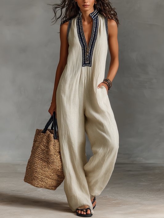 Women's Minimalist Linen Blend Sleeveless Jumpsuit With Zipper And Stand Collar, Featuring Embroidery MDZ0627B3Y