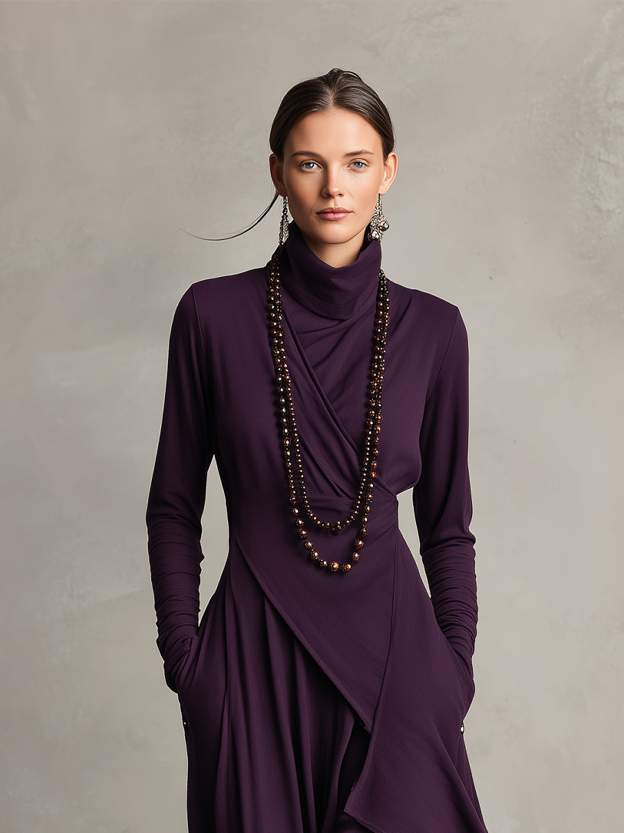 Women's Purple Bohemian Cotton Stretch Turtleneck Asymmetrical Draped Maxi Dress MDA2055J9I