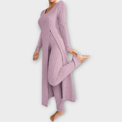 Ribbed Knit Lounge Set with Split Tunic
