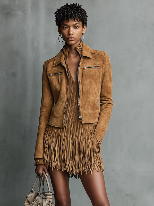Women's Fashion Cropped Suede Lapel Zipper Jacket MDA2545H7Y