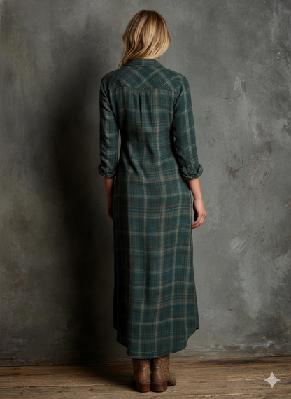Women's Plaid Lapel Single-Breasted Shirt Maxi Dress MDA1249H1Y