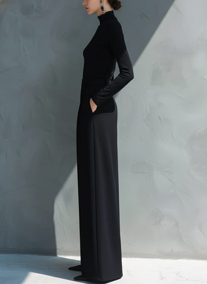 Women's Black Classic Knit Turtleneck Wide - Leg Jumpsuit MDA2133J5I