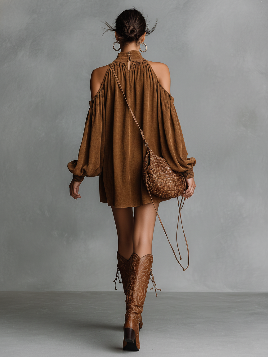 Women's Loose-fitting Faux Suede Halter Neck Semi-high Collar Lantern Sleeve Mini Dress MDA3118J4Y