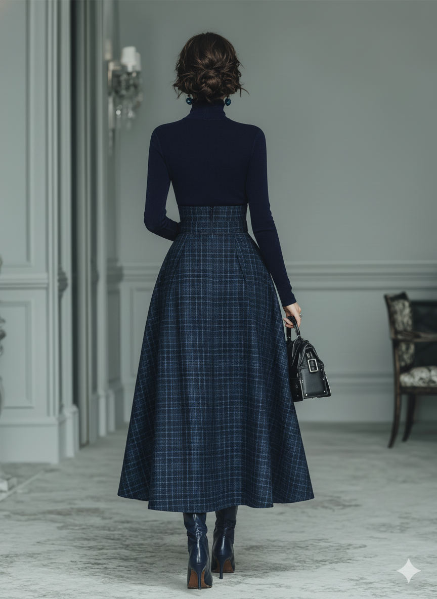 Women's Dark Blue High Elastic Knit And Plaid Wool Skirt Set MDA2592J7T
