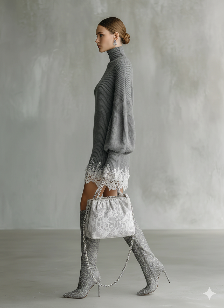 Women's Grey Knitted White Lace Turtleneck Comfortable Mini Dress MDA1157J5T