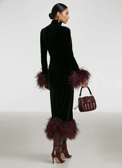 Women's Minimalist Velvet Patchwork Faux Ostrich Feather Cuffs And Hem Maxi Dress MDA1174J9Y