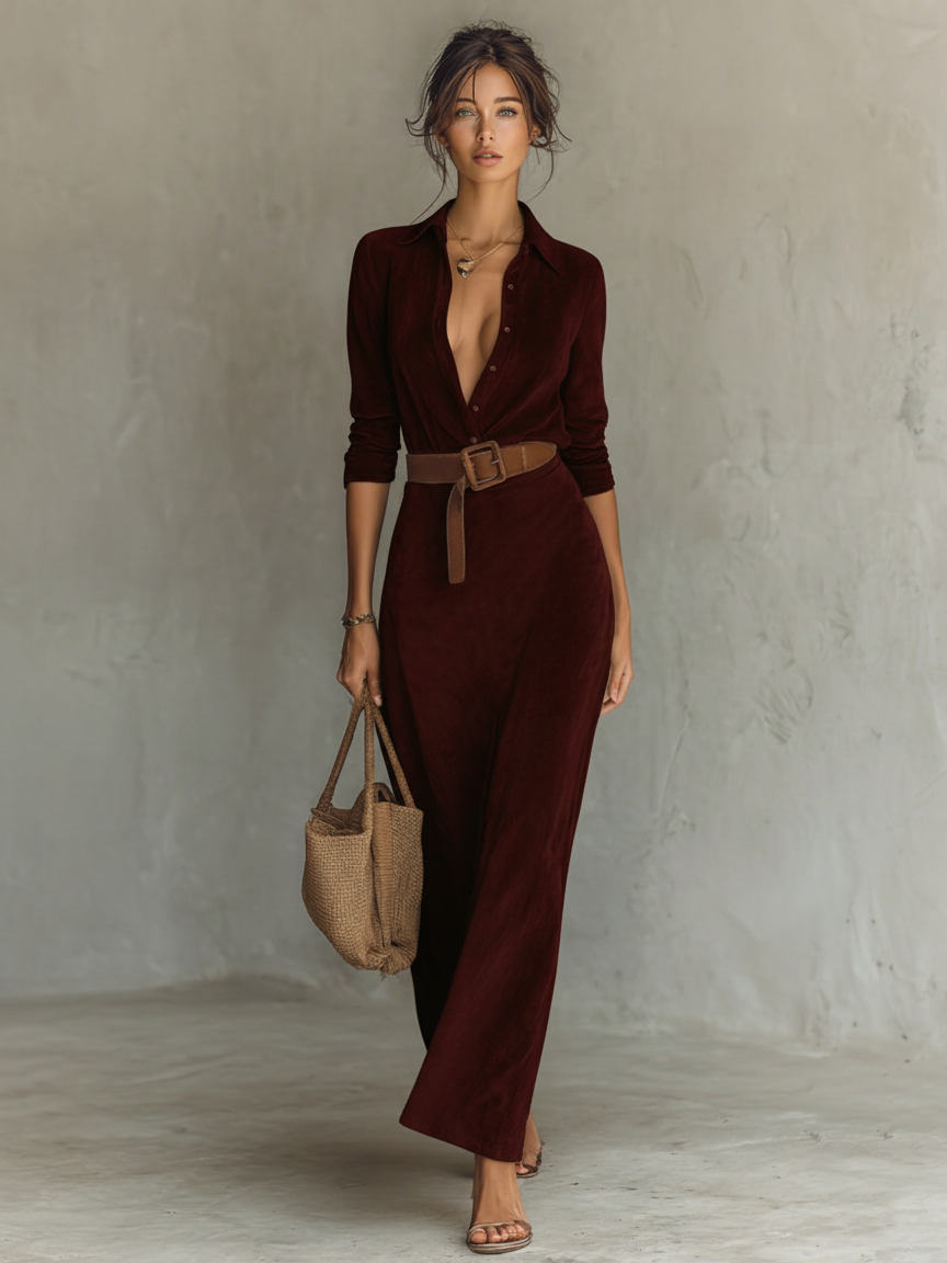 Women's Suede Single-breasted Lapel Belt Maxi Dress MDA1205H8Y