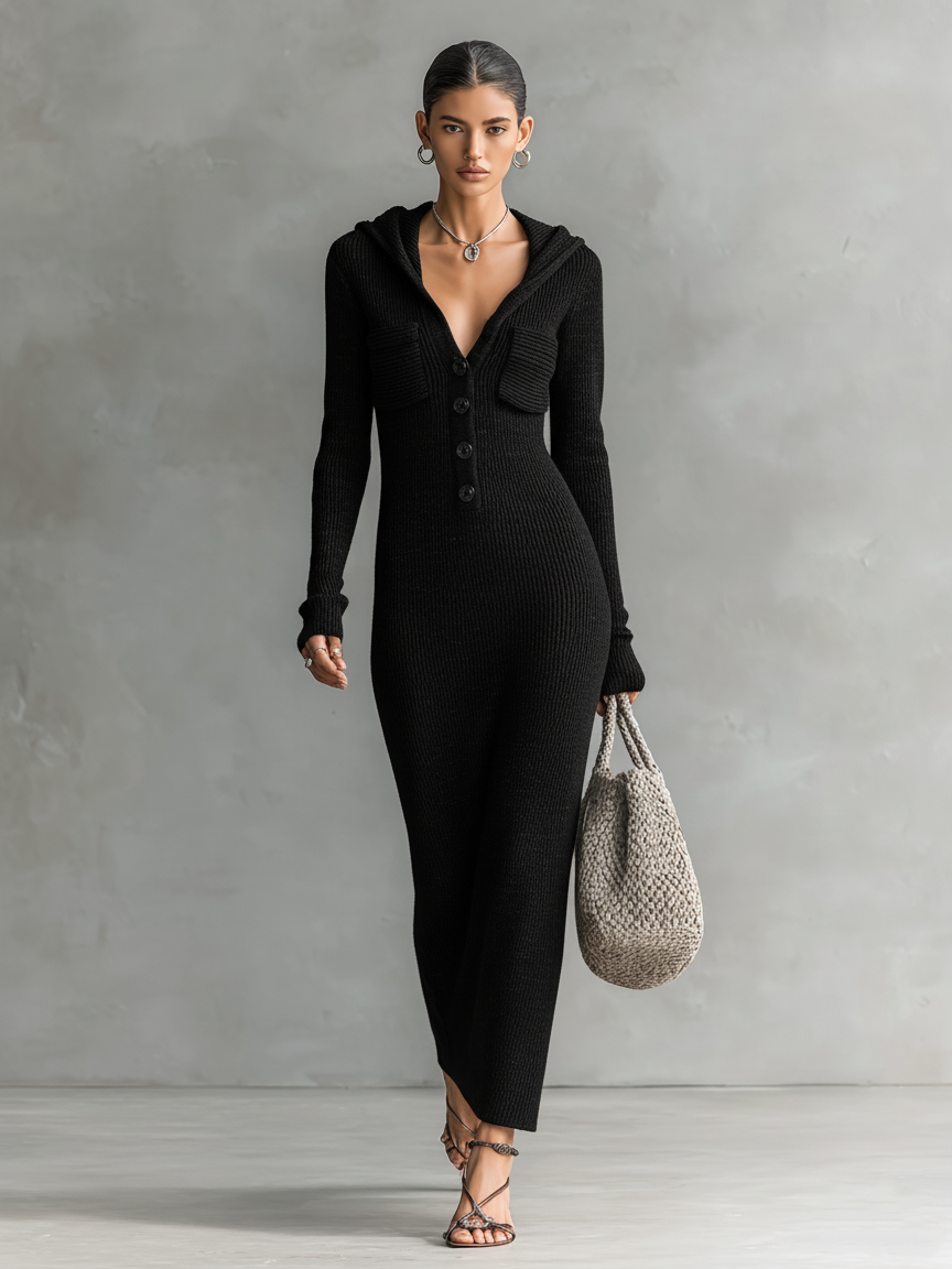 Women's Slim-fit Hooded Knitted Maxi Dress MDA1451H6Y