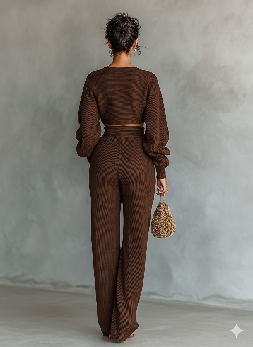 Women's Coffee-colored Short Top And Wide-leg Pants Knitted Set MDA3000G6T