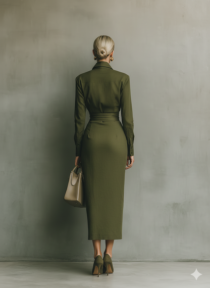 Women's Army Green Cotton Blended Maxi Dress MDA2281I8T