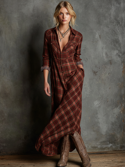 Women's Plaid Lapel Single-Breasted Shirt Maxi Dress MDA1249H1Y