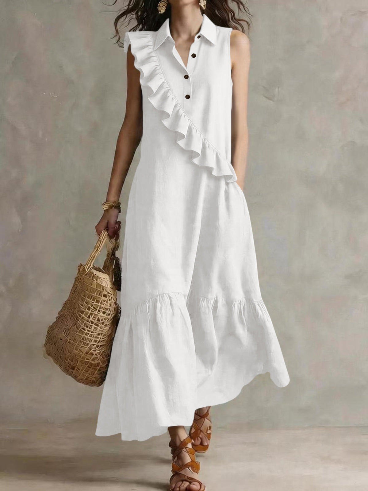 Retro Sleeveless Polo-Collar Ruffled Linen Maxi Dress