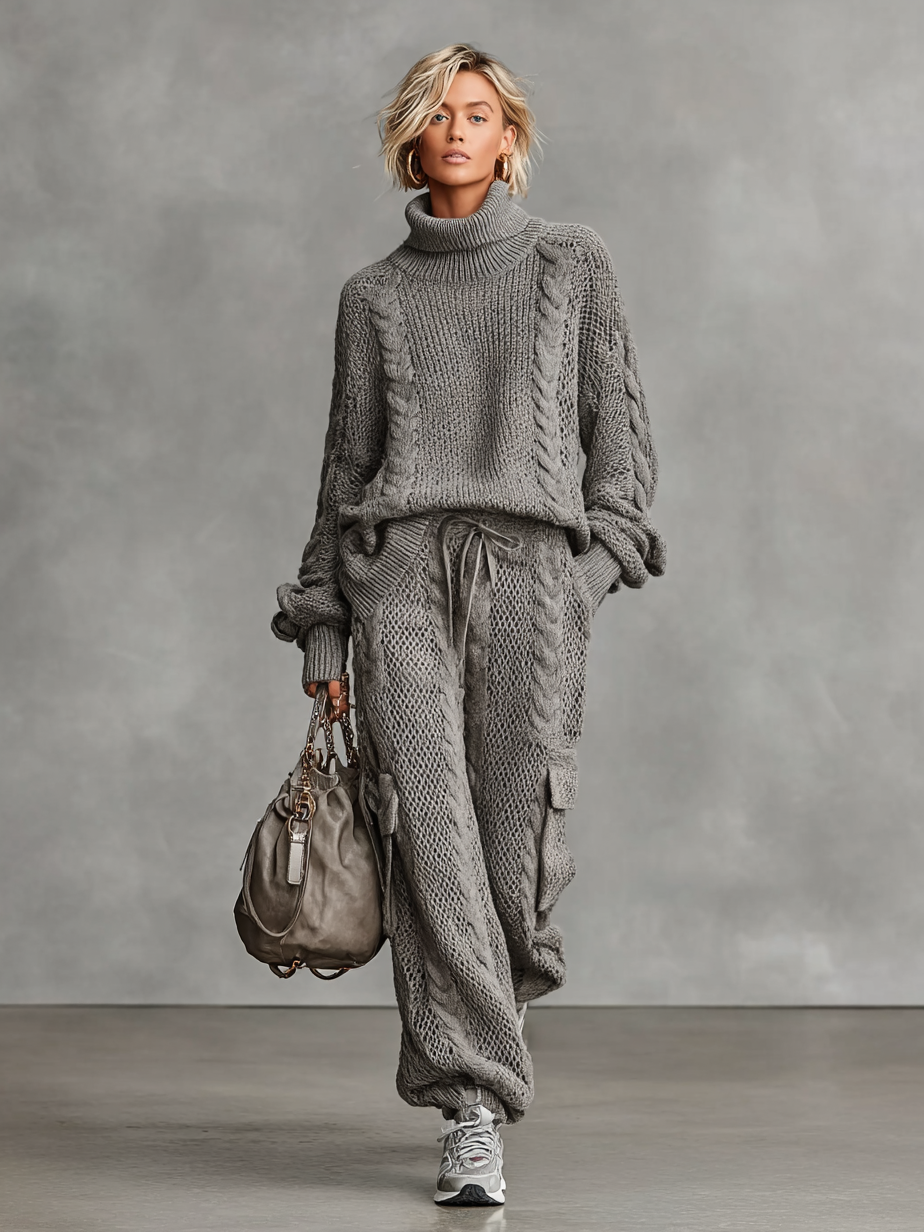 Women's Casual Cable Knit Turtleneck Sweater Cargo Pants Set MDA0958I2Y
