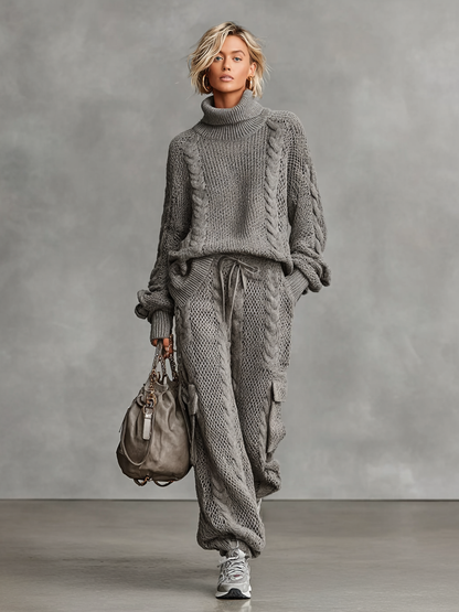Women's Casual Cable Knit Turtleneck Sweater Cargo Pants Set MDA0958I2Y