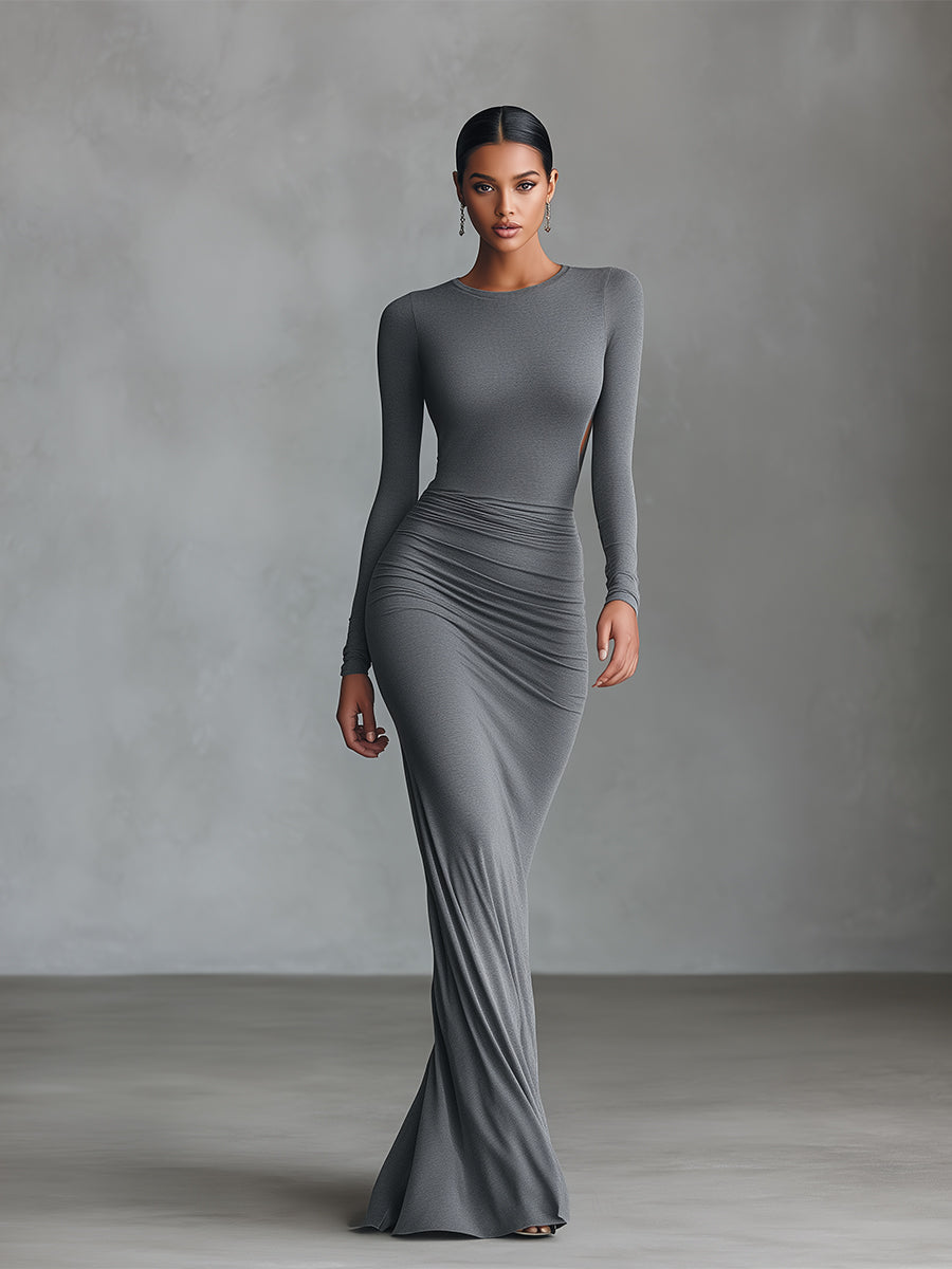 Women's Grey Elegant Stretch - Polyester-Cotton Blend Ruched Open - Back Maxi Dress MDA2860H8I
