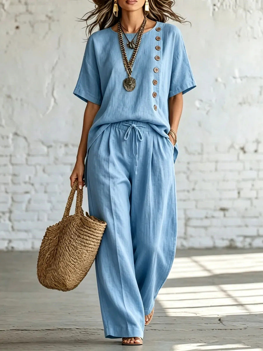 Women's Loose & Slimming Two-Piece Set: Side-Button Short-Sleeve Top and Wide-Leg Pants