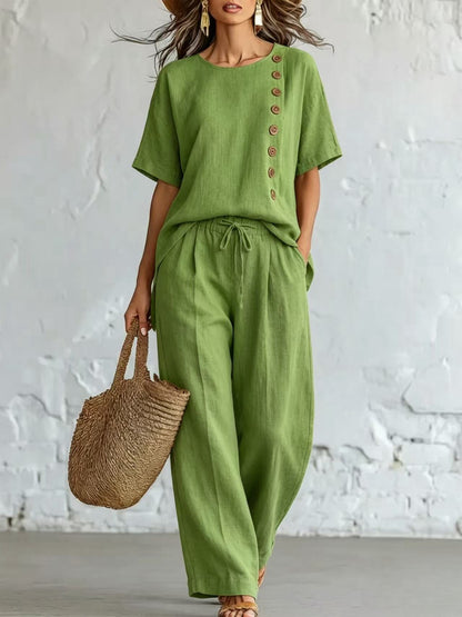 Women's Loose & Slimming Two-Piece Set: Side-Button Short-Sleeve Top and Wide-Leg Pants
