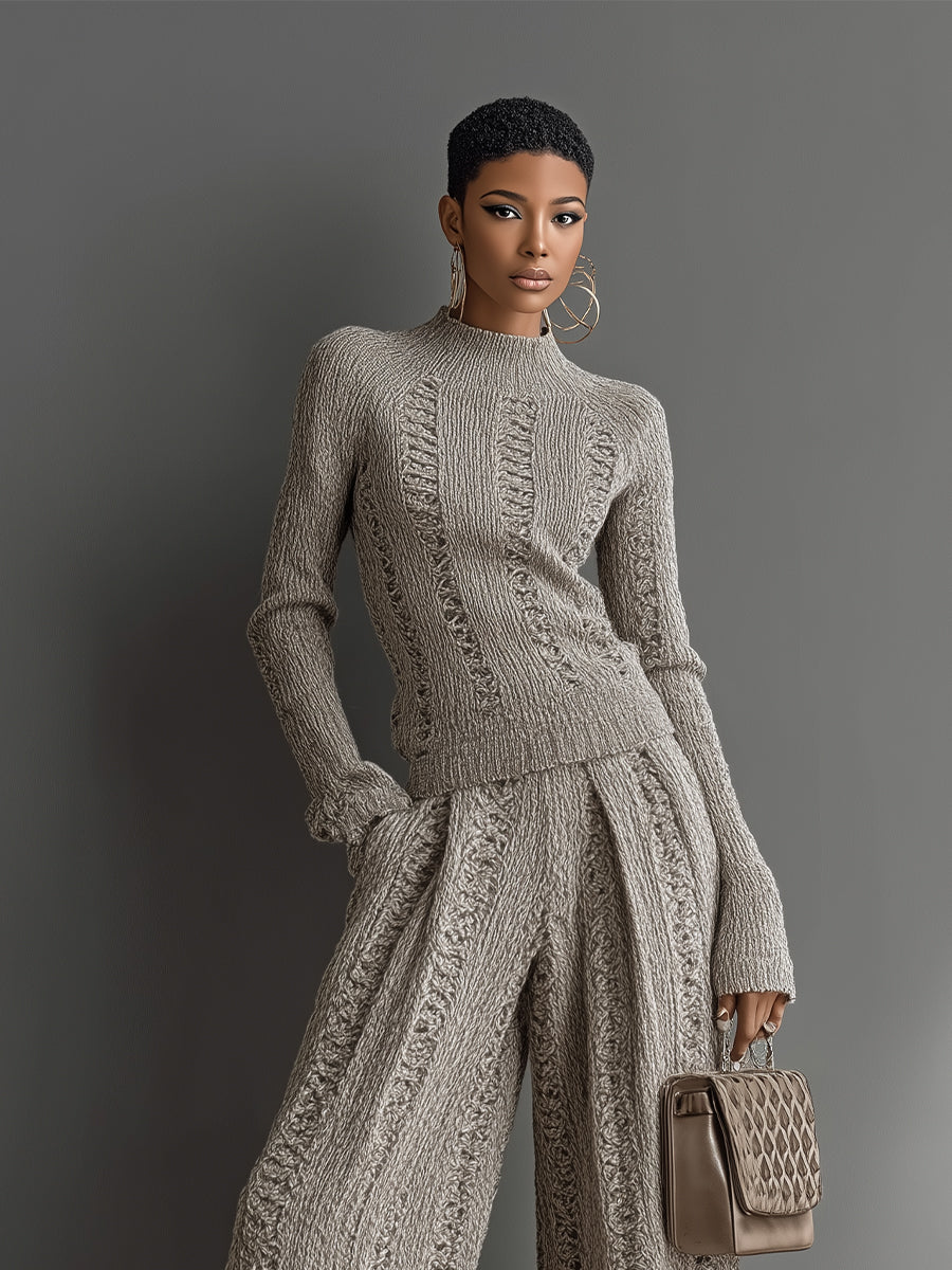 Women's Taupe Elegant Knit Textured Sweater & Wide - Leg Pants Set MDA1453H6I