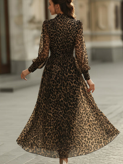 Leopard Print Wrap Midi Dress With Long Sleeves