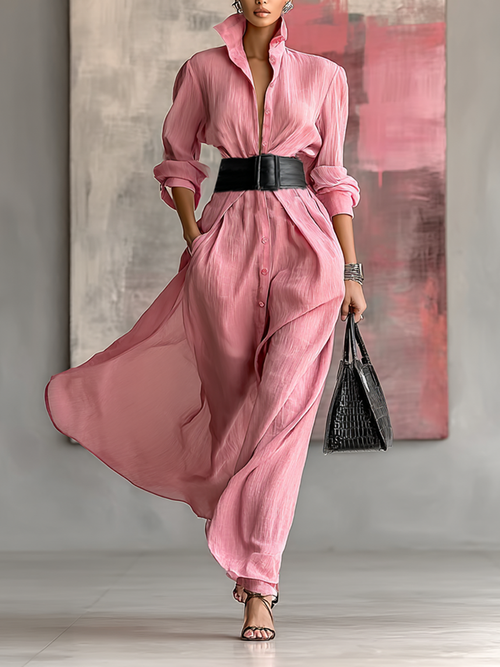 Women's Solid Color Lapel Long Sleeve Single Breasted Belt Maxi Shirt Dress MDA0917G0Y