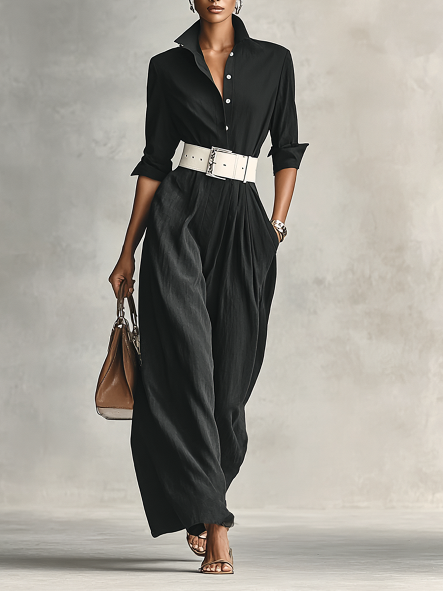 Women's Lapel Single Breasted Long Sleeve Belted Jumpsuit MDA2274G1Y