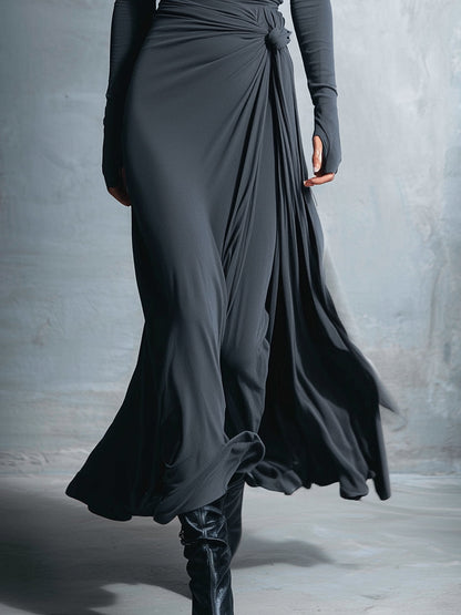 Women's Gray Exquisite Stretch Blended Fabric Wrap Dress - Knotted Maxi Dress MDA1401H9I