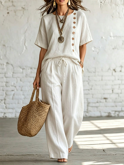 Women's Loose & Slimming Two-Piece Set: Side-Button Short-Sleeve Top and Wide-Leg Pants