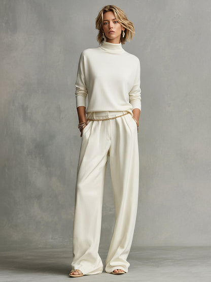 Women's Cream Soft Knit Chic Turtleneck Top & Flowy Wide-Leg Pant Set MDA0185K5I