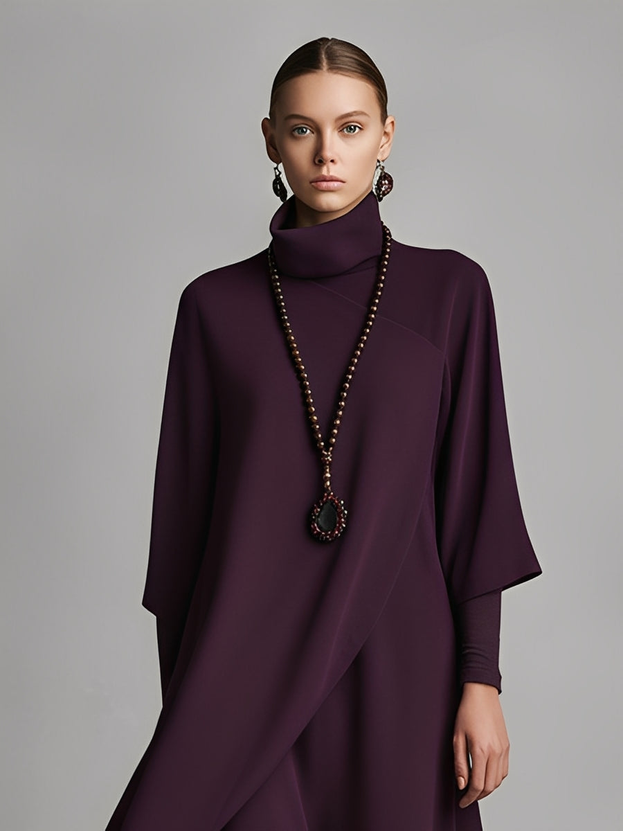 Women's Plum Draped Cotton-Blend Jersey Elegant Turtleneck Embroidered Maxi Dress MDA1202K8I