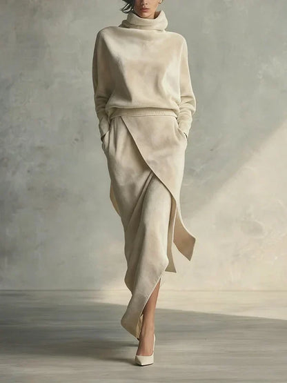 Solid Color Casual Velvet Set with Asymmetrical Design