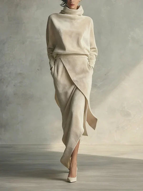 Solid Color Casual Velvet Set with Asymmetrical Design