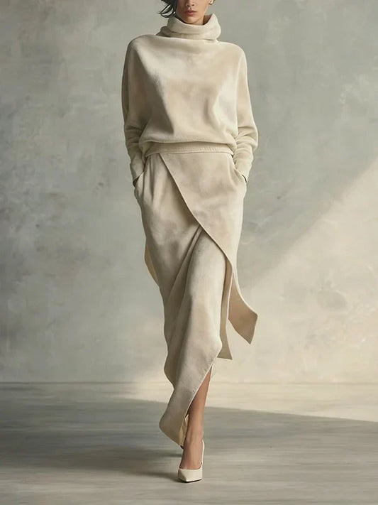 Solid Color Casual Velvet Set with Asymmetrical Design