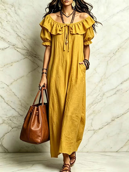 Women's Ruffle OFF Shoulder Loose Cotton-Linen Maxi Dress