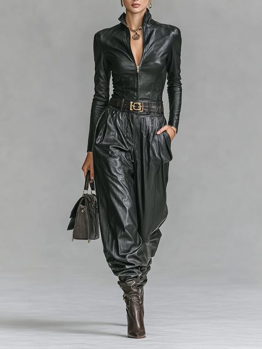 Women's Fashion PU Leather Slim Fit Zipper Stand Collar Shirt Pants Set (Without Belt)MDA2743H0Y