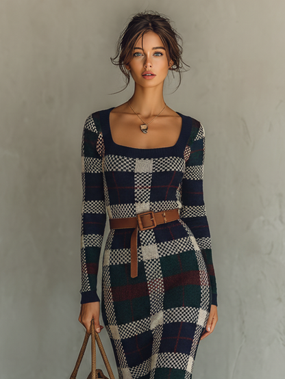 Women's Minimalist Check Knit Belted Square Neck Maxi Dress MDA2984J0Y