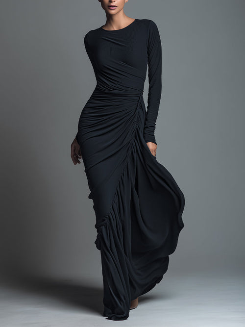 Women's Black Elegant Jersey Knit Ruched Maxi Dress MDA1541H1I