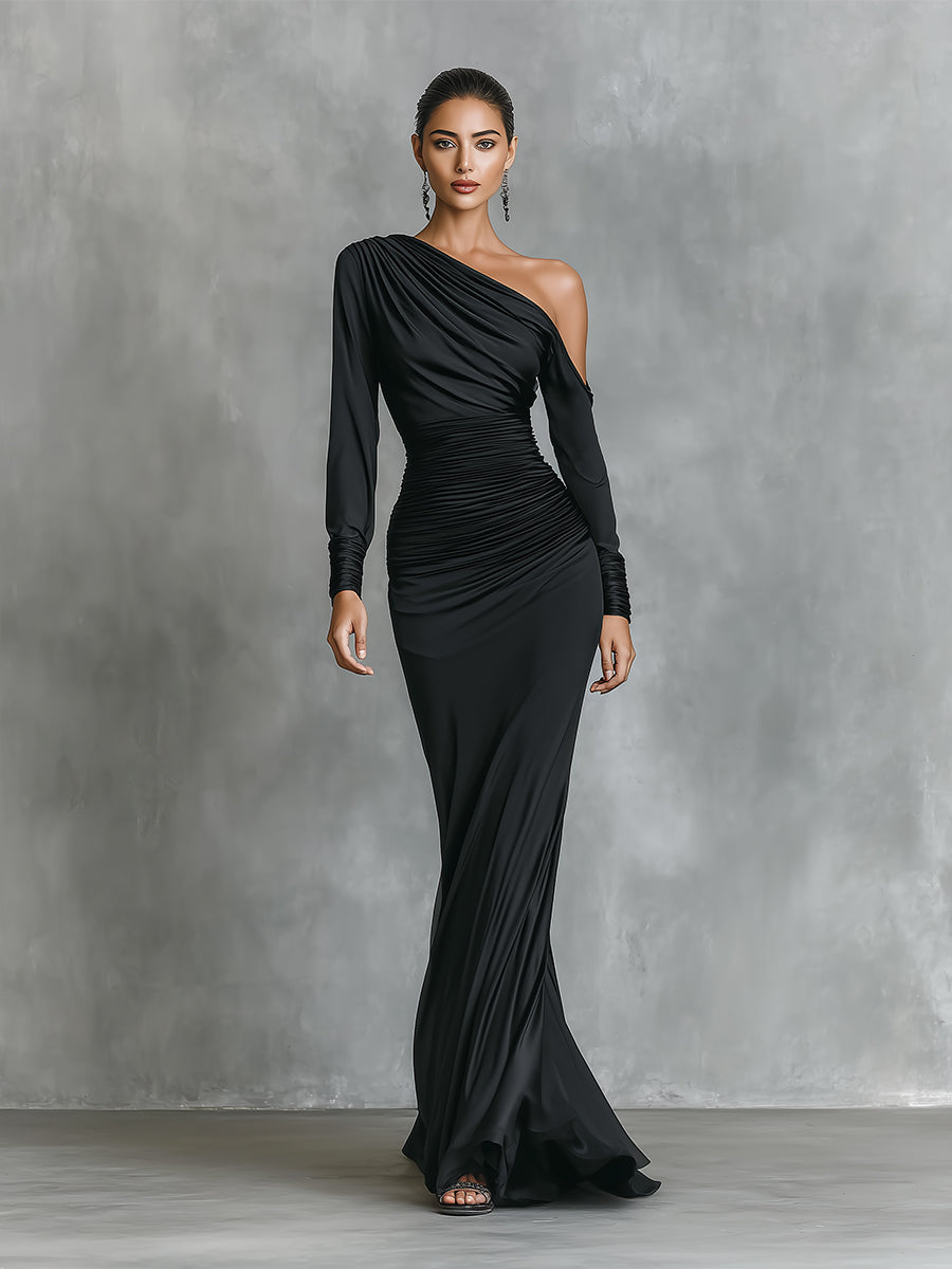 Women's Black Elegant Satin One - Shoulder Ruched Mermaid Maxi Dress MDA2278I0I
