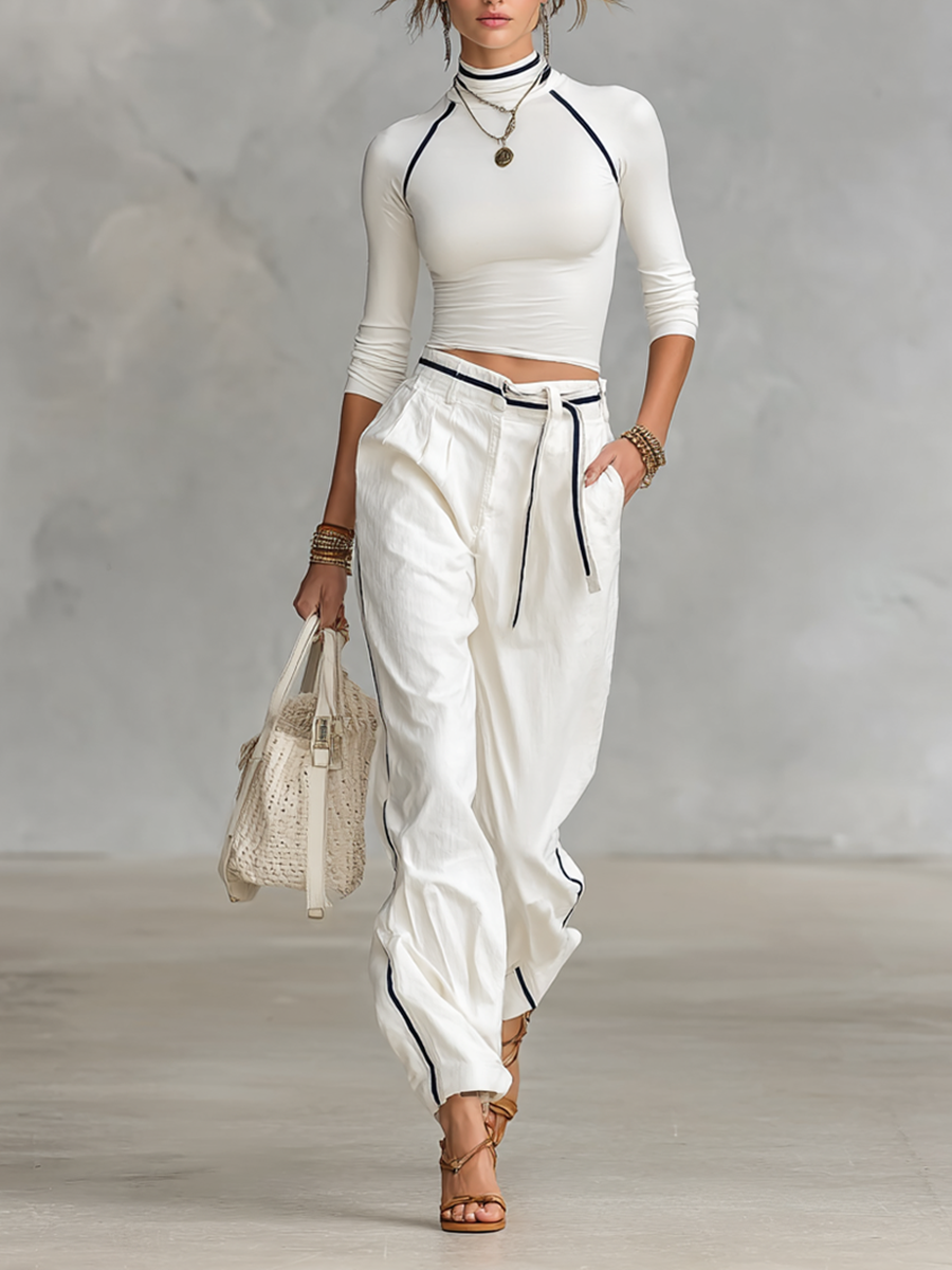Women's Casual Half-high Collar Long-sleeved T-shirt Straight Pants Two-piece Set MDA2527G5Y