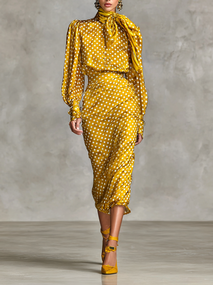 Women's Vintage Satin Polka Dot Print Shirt And Skirt Two-Piece Set (Not including scarf) MDA3073G0Y