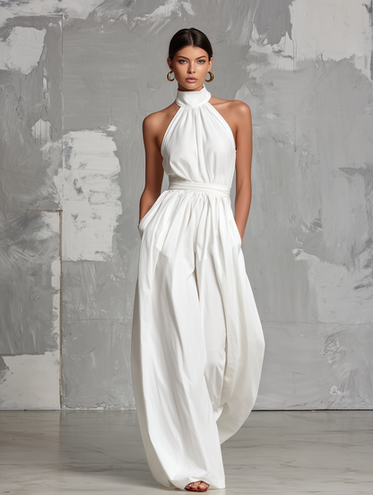 Women's Elegant White Woven Sleeveless Halter-neck Jumpsuit MDZ0554A3AN
