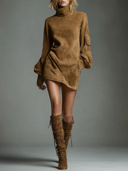 Women's Vintage Loose Suede Turtleneck Mini Dress MDA1693H3Y