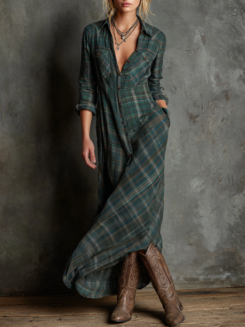 Women's Plaid Lapel Single-Breasted Shirt Maxi Dress MDA1249H1Y