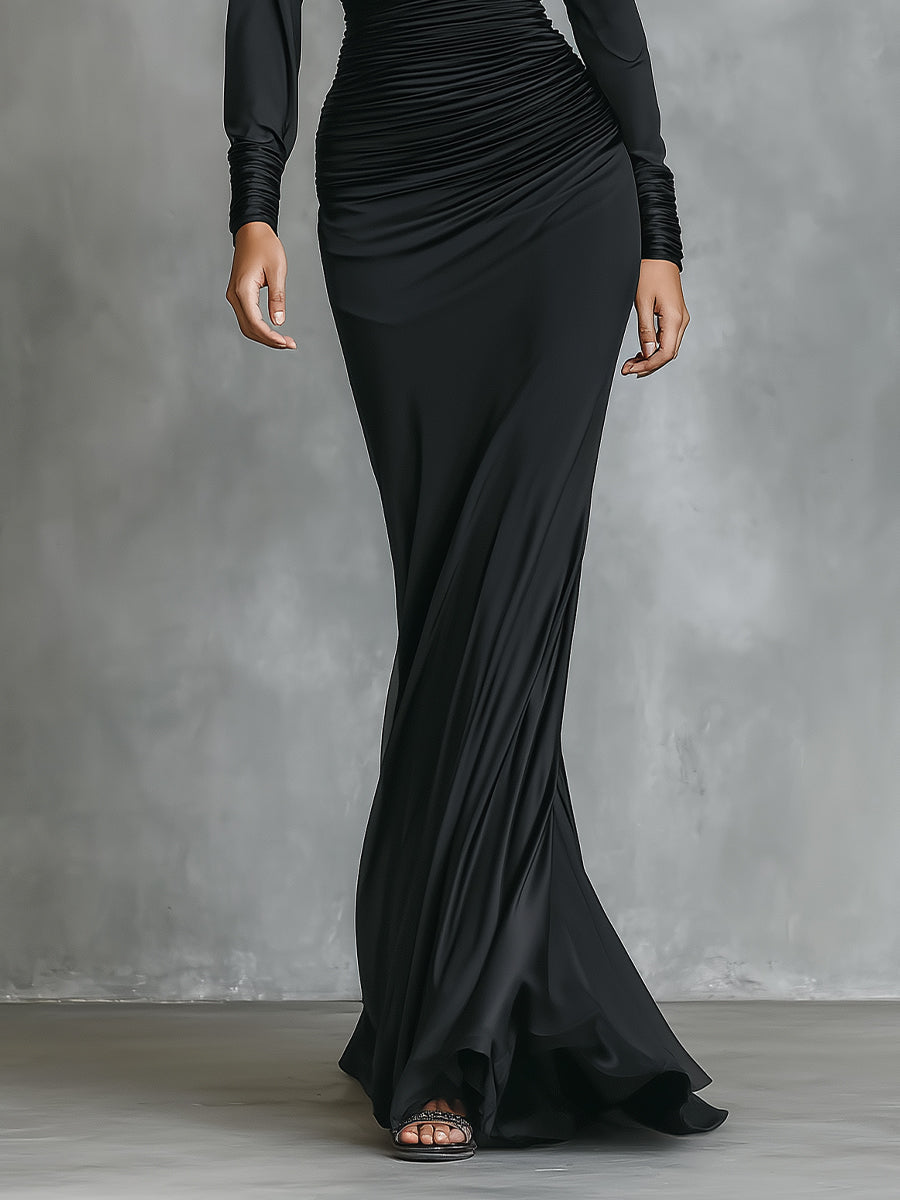 Women's Black Elegant Satin One - Shoulder Ruched Mermaid Maxi Dress MDA2278I0I
